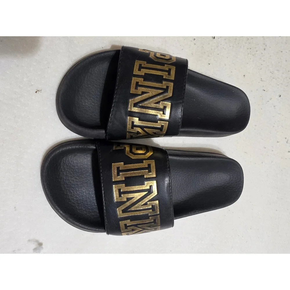 Victoria's Secret PINK Black and Gold Metallic Logo‎ Slide Sandals Womens